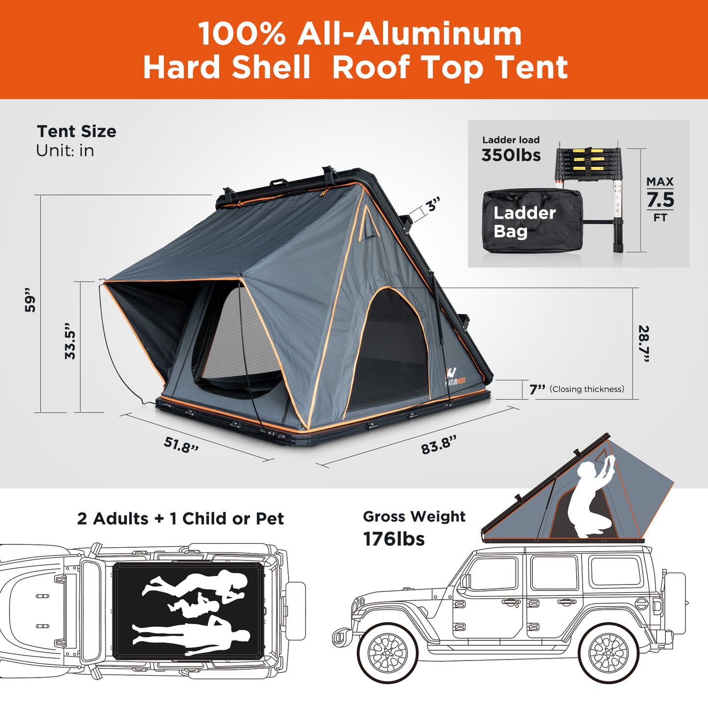 Naturnest Rooftop Tent Hard Shell, Nature Nest Roof Top Tent Hardshell Rooftop Tent For Van Jeep SUV Truck Car Tents For Camping Car Roof Tent Hard Shell Roof Top Tent Camping, 2-3 People Tent